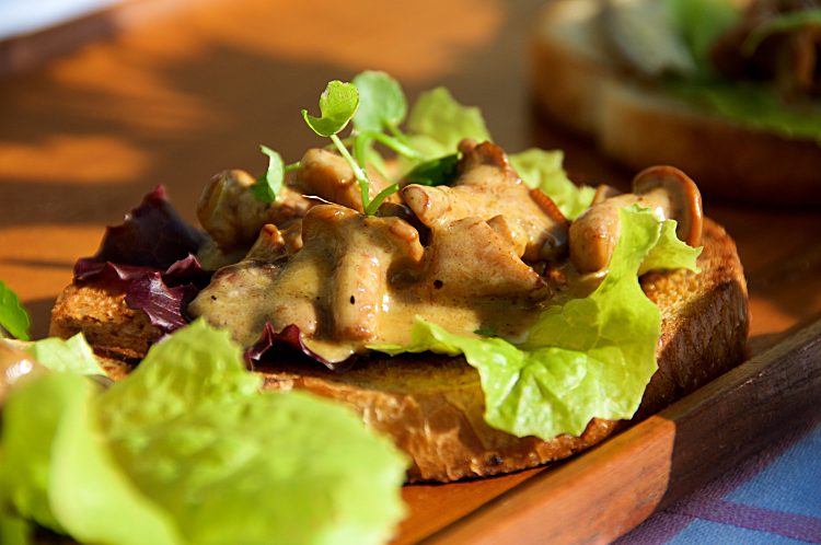 Kantareller på bröd med smör, grädde och sallad