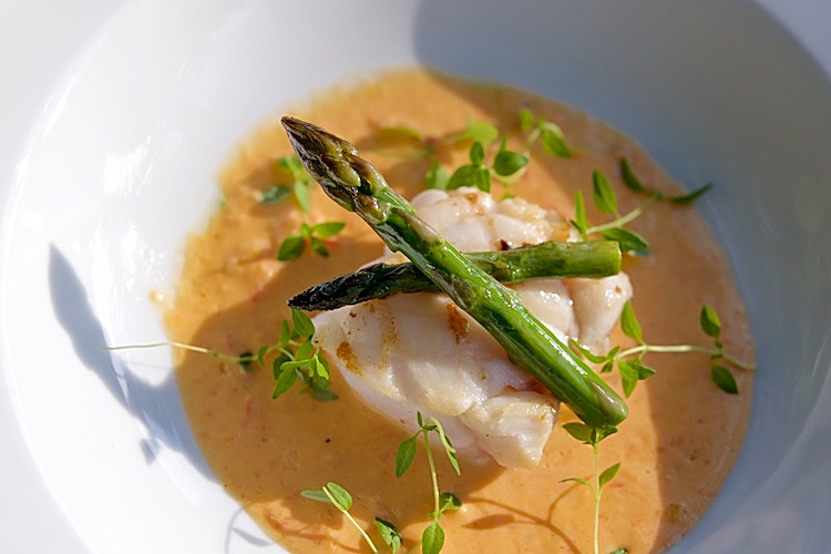 Ugnsbakad marulk med inspirationssås av röd paprika, lök,rabarber och vitt vin