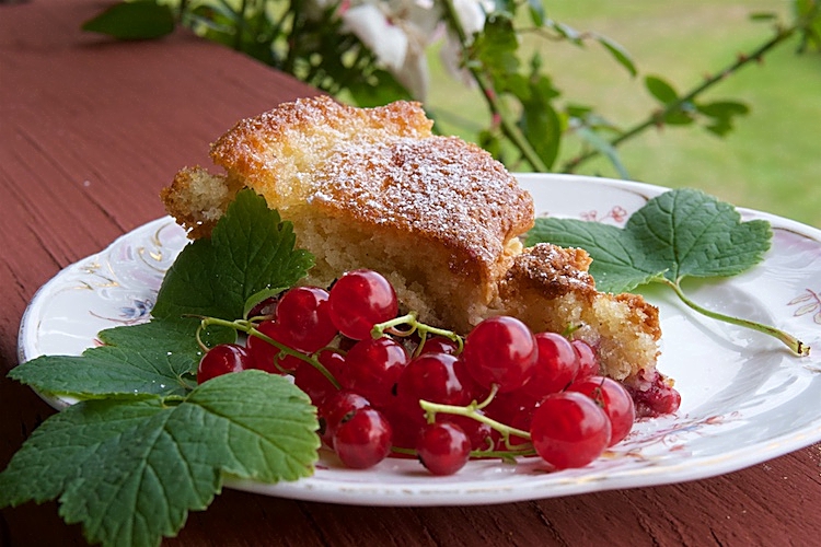 Vinbärskaka med hallon och riven mandelmassa